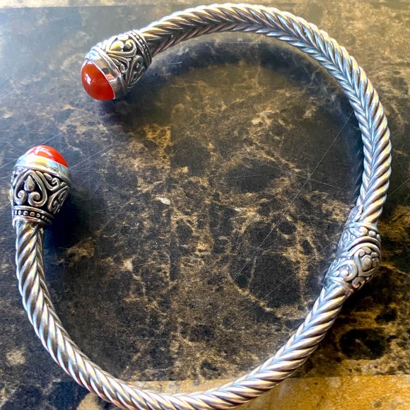 Samuel B. Sterling Silver 18K Gold with Coral Gemstones Hinged Cuff Bracelet - Picture 8 of 9